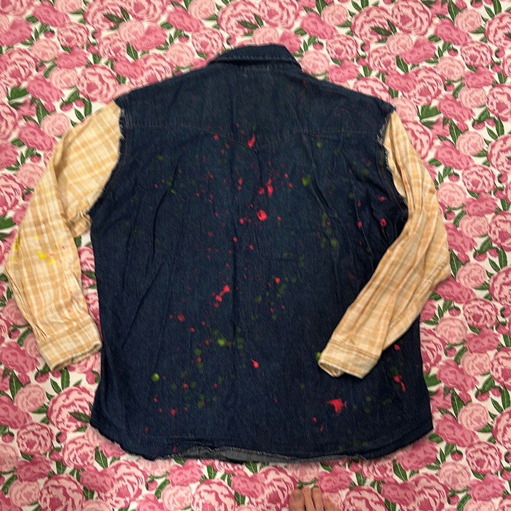 Denim Shirt /Jacket With Plaid Sleeves And Paint Splatter